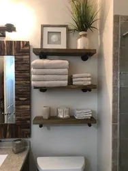 Wooden shelves in the bathroom photo