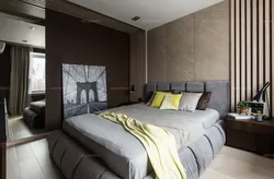 Gray Bedroom Interior With Brown Furniture