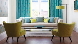 Turquoise curtains gray sofa in the living room interior