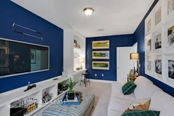 Living room interior in blue and white tones