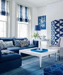 Living room interior in blue and white tones