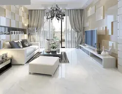 White porcelain tiles in the living room interior