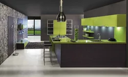 Gray-green wallpaper in the kitchen interior