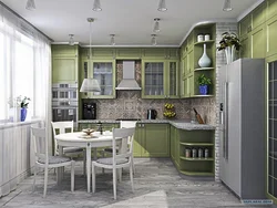 Gray-green wallpaper in the kitchen interior