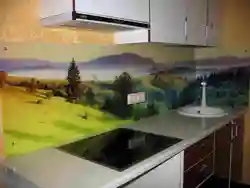 Кухня с фреской и фартуком из стекла фото