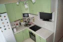 Photo of a small kitchen with a TV