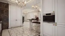 Marble tiles on the kitchen floor in the interior