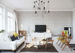 Living room design with white brick wall
