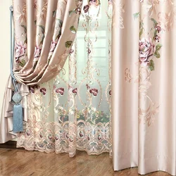 Tulle with flowers in the bedroom interior