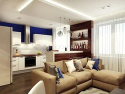Design of a living room combined with a corner kitchen