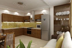 Интерьер бело коричневой кухни гостиной