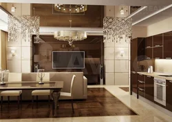 Interior of white-brown kitchen living room