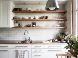 Photo of a corner kitchen with open shelves