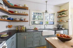 Photo of a corner kitchen with open shelves