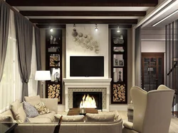 Living room interior with black fireplace
