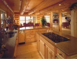 Kitchen in a wooden house made of logs inside photo