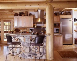 Kitchen in a wooden house made of logs inside photo