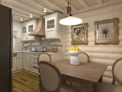 Kitchen in a wooden house made of logs inside photo