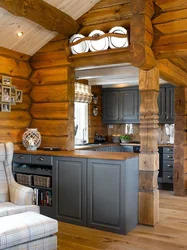 Kitchen in a wooden house made of logs inside photo