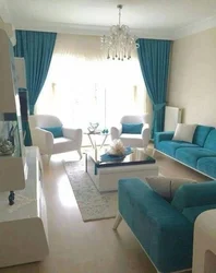 Turquoise wallpaper in the living room interior photo