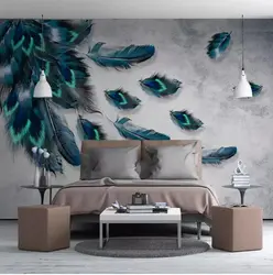 Photo wallpaper with feathers in the bedroom photo