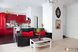 Kitchen design with red sofa