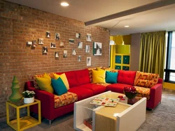 Kitchen design with red sofa