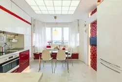 Kitchen design with red sofa