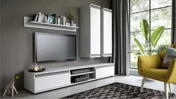 Living room with hanging TV stand photo