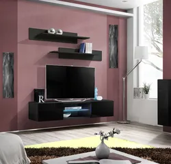 Living room with hanging TV stand photo