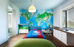 World map in bedroom interior photo