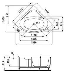 What are the corner sizes of bathtubs? Photos