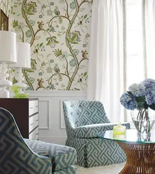 Wallpaper with birds in the living room interior