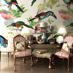 Wallpaper with birds in the living room interior