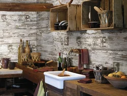 Wood-effect tiles on the wall in the kitchen in the interior