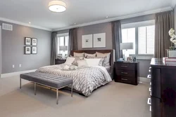Combination of gray and brown in the bedroom interior photo in the interior