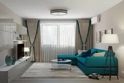 Сочетание бирюзового цвета и серого в интерьере гостиной