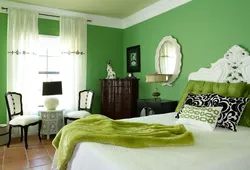 What color goes with light green in the bedroom interior