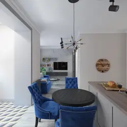 Kitchen and living room design with blue chairs