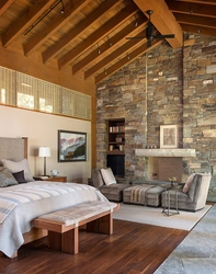 Bedroom design with wood and brick