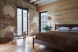 Bedroom design with wood and brick