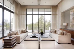 Living room interior with a large window in the apartment