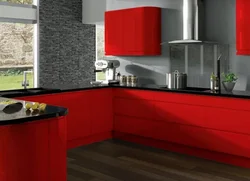 Gray Wallpaper And Red Kitchen Interior