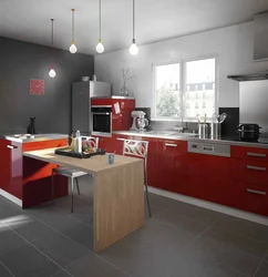 Серые обои и красная кухня интерьер