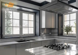 Black windows in the kitchen interior photo