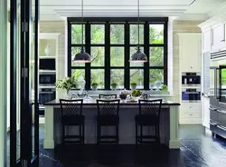 Black windows in the kitchen interior photo