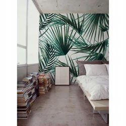 Фоташпалеры лісце пальмы ў інтэр'еры спальні