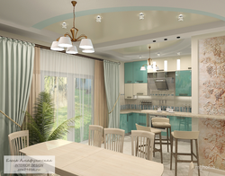 Kitchen design with mint curtains