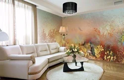Фрески на стену в интерьере гостиной над диваном