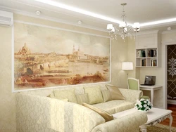 Фрески на стену в интерьере гостиной над диваном